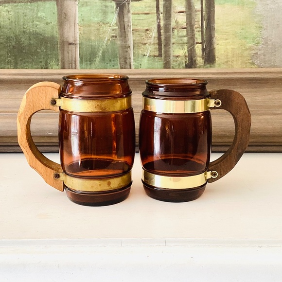 2 Vintage Siesta Ware Amber Glass Wood Handle Collectible Coffee Mug, Beer 12 oz - Picture 3 of 8